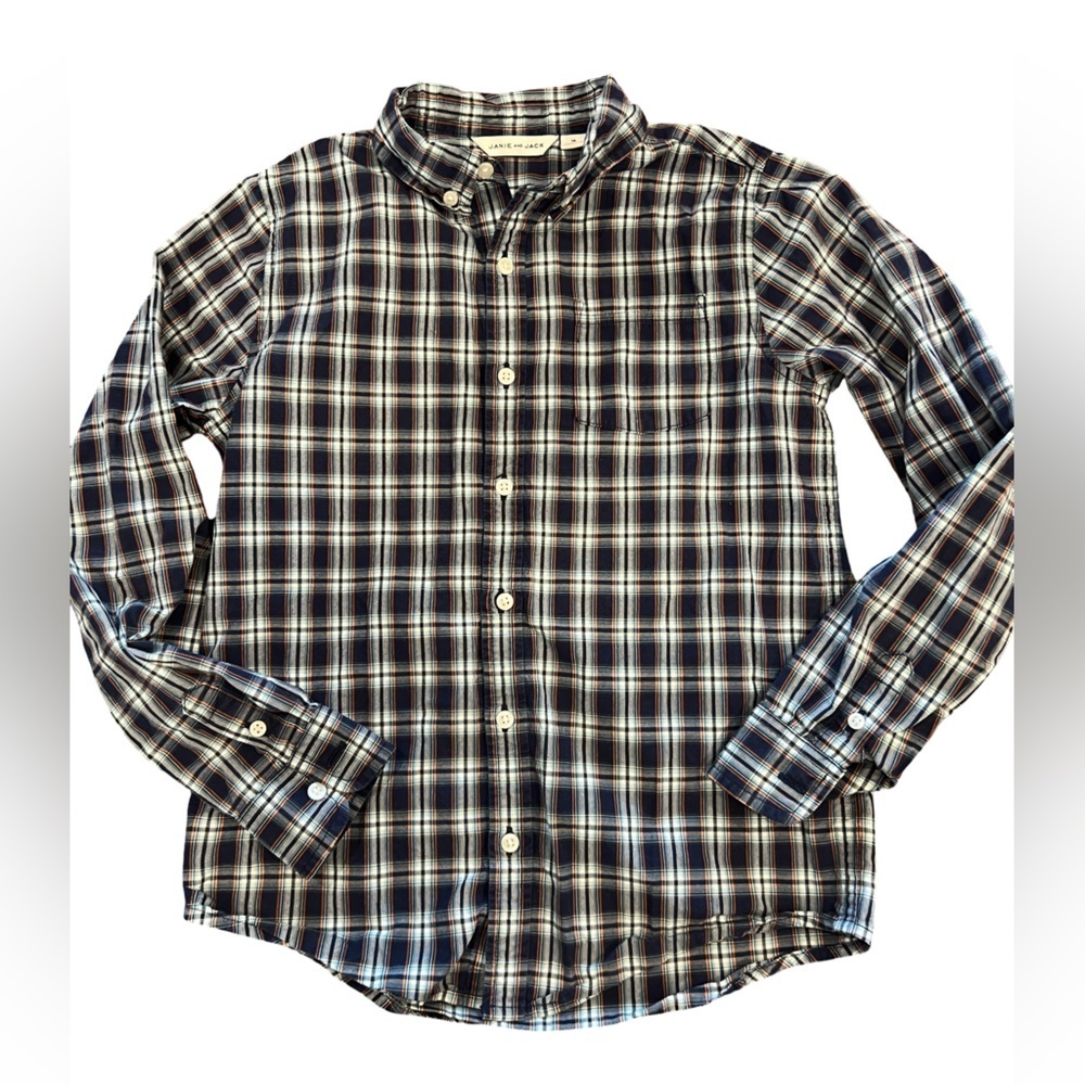 Janie and Jack Navy Plaid Button Down long sleeve Shirt size 10